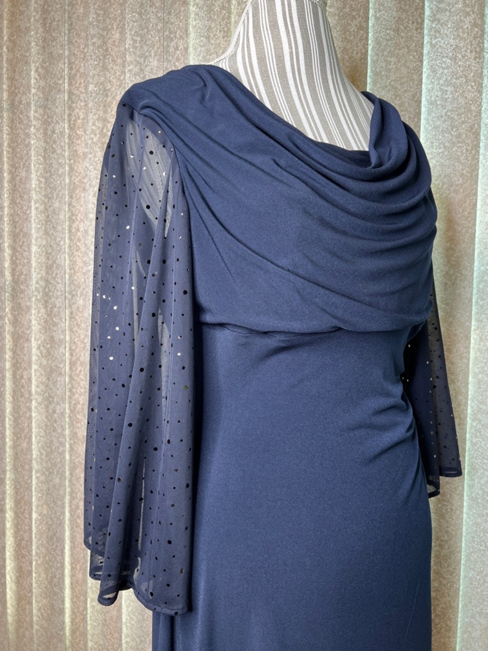 Connected Dress semi formal classic navy draping at neckline, waist, sleeves - Picture 3 of 12